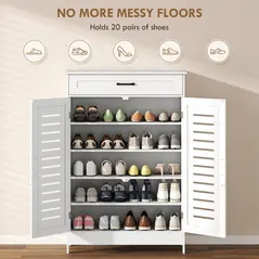 HOMCOM Shoe Cabinet with Louvered Doors, Modern Shoe Storage Cabinet with Drawer and Adjustable Shelves, White - 4