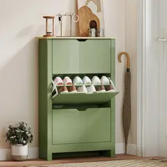HOMCOM Slim Shoe Cabinet, Narrow Shoe Cupboard with 3 Flip Drawers, Adjustable Shelves for 18 Pairs of Shoes, High Gloss Green - 2