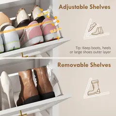 HOMCOM Shoe Cabinet with 2 Flip Drawers, Farmhouse Narrow Shoe Storage Cabinet with Adjustable Shelves, White - 6