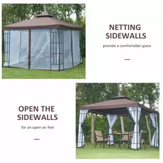 Outsunny 3 x 3(m) Patio Gazebo Canopy Garden Pavilion Tent Shelter with 2 Tier Roof and Mosquito Netting, Steel Frame, Coffee - 5