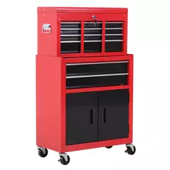 HOMCOM Tool Chest, Metal Tool Cabinet on Wheels with 6 Drawers, Pegboard, Top Chest and Roller Cabinet Combo, 61.6 x 33 x 108cm, Red and Black - 1
