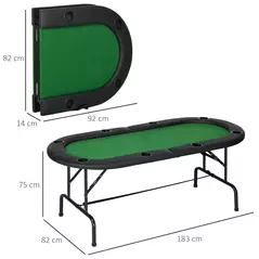 HOMCOM 8 Player Folding Poker Table, Oval Portable Blackjack Casino Table with Cup Holder, Felt Top and Metal Base, 183 x 82 x 75cm, Green and Black - 3