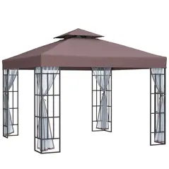 Outsunny 3 x 3(m) Patio Gazebo Canopy Garden Pavilion Tent Shelter with 2 Tier Roof and Mosquito Netting, Steel Frame, Coffee - 1