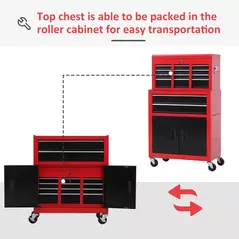 HOMCOM Tool Chest, Metal Tool Cabinet on Wheels with 6 Drawers, Pegboard, Top Chest and Roller Cabinet Combo, 61.6 x 33 x 108cm, Red and Black - 6
