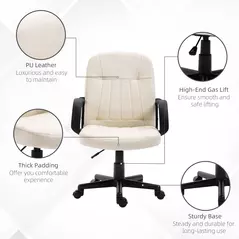 HOMCOM Desk Chair, PU Leather Computer Office Chair with Adjustable Height, Swivel Wheels for Home Work Study, Cream White - 6