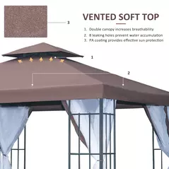 Outsunny 3 x 3(m) Patio Gazebo Canopy Garden Pavilion Tent Shelter with 2 Tier Roof and Mosquito Netting, Steel Frame, Coffee - 4