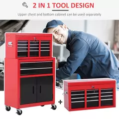 HOMCOM Tool Chest, Metal Tool Cabinet on Wheels with 6 Drawers, Pegboard, Top Chest and Roller Cabinet Combo, 61.6 x 33 x 108cm, Red and Black - 4