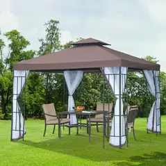 Outsunny 3 x 3(m) Patio Gazebo Canopy Garden Pavilion Tent Shelter with 2 Tier Roof and Mosquito Netting, Steel Frame, Coffee - 2