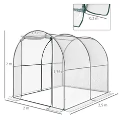 Outsunny Walk-in Polytunnel Greenhouse with Roll-up Door Transparent Tunnel Greenhouse with Steel Frame and PVC Cover, 2.5 x 2m - 3