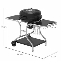 Outsunny Portable Charcoal Kettle Grill Outdoor Barbecue Trolley BBQ Heat Smoker Grilling with 2 Wheels, Storage Shelf and 4 Hooks, Free Standing, Black - 3