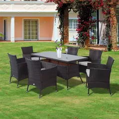 Outsunny 6 Seater Rattan Dining Set with Cushions, Rattan Garden Furniture Set with 6 Armchairs, Rectangular Glass Top Table, Outdoor Dining Table and Chairs, Brown - 2