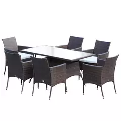 Outsunny 6 Seater Rattan Dining Set with Cushions, Rattan Garden Furniture Set with 6 Armchairs, Rectangular Glass Top Table, Outdoor Dining Table and Chairs, Brown - 1