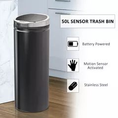 HOMCOM Motion Sensor Bin with Inner Bucket, 50L Hands-Free Touchless Kitchen Bin, Galvanised Steel Cylindrical Automatic Trash Can with Soft Close, Dustbin, Black - 4