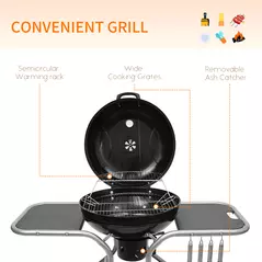 Outsunny Portable Charcoal Kettle Grill Outdoor Barbecue Trolley BBQ Heat Smoker Grilling with 2 Wheels, Storage Shelf and 4 Hooks, Free Standing, Black - 4