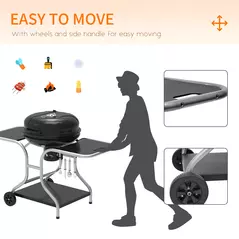 Outsunny Portable Charcoal Kettle Grill Outdoor Barbecue Trolley BBQ Heat Smoker Grilling with 2 Wheels, Storage Shelf and 4 Hooks, Free Standing, Black - 7
