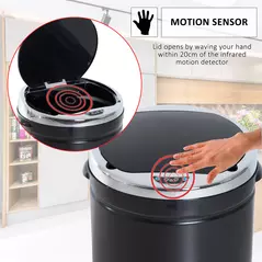 HOMCOM Motion Sensor Bin with Inner Bucket, 50L Hands-Free Touchless Kitchen Bin, Galvanised Steel Cylindrical Automatic Trash Can with Soft Close, Dustbin, Black - 5