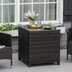 Outsunny Rattan Garden Furniture Side Table Patio Frame Tempered Glass New - Brown - 2