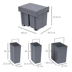 HOMCOM Kitchen Recycle Waste Bin Pull Out Soft Close Dustbin Recycling Cabinet Trash Can Grey (40L (1x20L+2x10L)) - 3