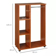 HOMCOM Open Wardrobe on Wheels, Bedroom Wardrobe with Clothes Hanging Rail, 3 Storage Shelves, Mobile Garment Rack for Cloakroom, Hallway, Walnut - 3