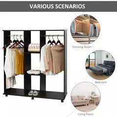 HOMCOM Open Wardrobe Double Mobile Storage Shelves Organizer W/6 Wheels-Black - 5