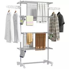 HOMCOM Four-Shelf Collapsing Clothes Horse, With Side Arms and Wheels - White - 1