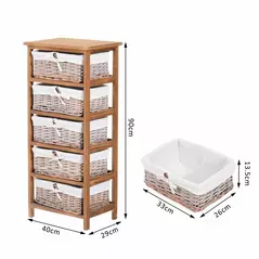 HOMCOM 5 Drawer Dresser Wicker Basket Storage Shelf Unit Wooden Frame Home Organisation Cabinet Bedroom Office Furniture Natural Finish - 3