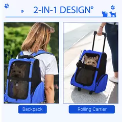 PawHut Pet Travel Backpack Bag Cat Puppy Dog Carrier w/ Trolley and Telescopic Handle Portable Stroller Wheel Luggage Bag (Blue) - 4
