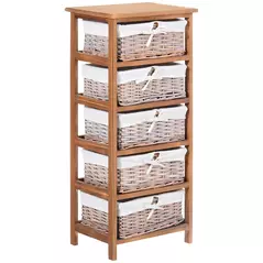 HOMCOM 5 Drawer Dresser Wicker Basket Storage Shelf Unit Wooden Frame Home Organisation Cabinet Bedroom Office Furniture Natural Finish - 1