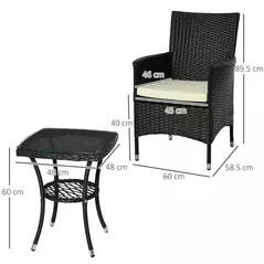 Outsunny 3 Pieces Rattan Bistro Set, Wicker Garden Furniture Set with 2-Tier Coffee Table and Chairs, Cushions, for Outdoor Patio Balcony, Black - 3