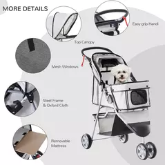 PawHut 3 Wheel Pet Stroller for Small and Miniature Dogs, Grey - 7