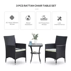 Outsunny 3 Pieces Rattan Bistro Set, Wicker Garden Furniture Set with 2-Tier Coffee Table and Chairs, Cushions, for Outdoor Patio Balcony, Black - 4