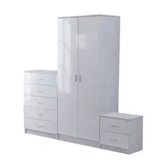 HOMCOM High Gloss 3 Piece Trio Bedroom Furniture Set Wardrobe + Chest Of Drawer + Bedside White - 9