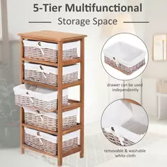 HOMCOM 5 Drawer Dresser Wicker Basket Storage Shelf Unit Wooden Frame Home Organisation Cabinet Bedroom Office Furniture Natural Finish - 4