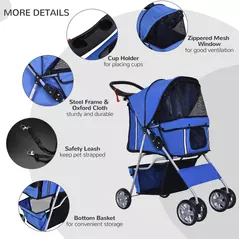 PawHut Pet Stroller for Small Miniature Dogs Cats Foldable Travel Carriage with Wheels Zipper Entry Cup Holder Storage Basket Blue - 6