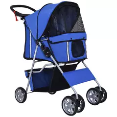 PawHut Pet Stroller for Small Miniature Dogs Cats Foldable Travel Carriage with Wheels Zipper Entry Cup Holder Storage Basket Blue - 2
