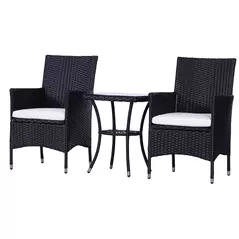 Outsunny 3 Pieces Rattan Bistro Set, Wicker Garden Furniture Set with 2-Tier Coffee Table and Chairs, Cushions, for Outdoor Patio Balcony, Black - 1