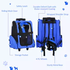 PawHut Pet Travel Backpack Bag Cat Puppy Dog Carrier w/ Trolley and Telescopic Handle Portable Stroller Wheel Luggage Bag (Blue) - 6