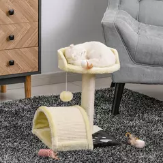 PawHut Cat Tree Scratching Scratcher Post Kitten Activity Centre Climber Hanging Ball Beige - 2