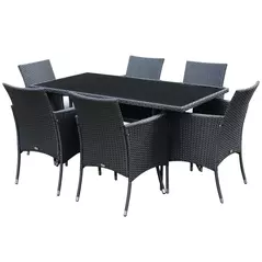 Outsunny 6 Seater Rattan Dining Set with Cushions, Rattan Garden Furniture Set with 6 Armchairs, Rectangular Glass Top Table, Outdoor Dining Table and Chairs, Black - 1
