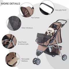 PawHut 3 Wheel Pet Stroller for Small and Miniature Dogs, Brown - 7