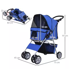 PawHut Pet Stroller for Small Miniature Dogs Cats Foldable Travel Carriage with Wheels Zipper Entry Cup Holder Storage Basket Blue - 3