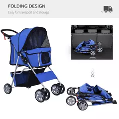PawHut Pet Stroller for Small Miniature Dogs Cats Foldable Travel Carriage with Wheels Zipper Entry Cup Holder Storage Basket Blue - 4