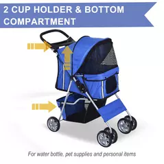 PawHut Pet Stroller for Small Miniature Dogs Cats Foldable Travel Carriage with Wheels Zipper Entry Cup Holder Storage Basket Blue - 8