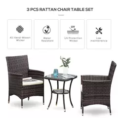 Outsunny Three-Piece Rattan Chair Set, with Cushions - Brown - 4