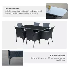 Outsunny 6 Seater Rattan Dining Set with Cushions, Rattan Garden Furniture Set with 6 Armchairs, Rectangular Glass Top Table, Outdoor Dining Table and Chairs, Black - 5