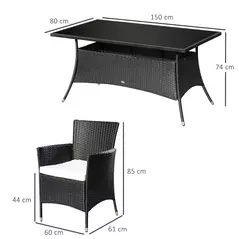 Outsunny 6 Seater Rattan Dining Set with Cushions, Rattan Garden Furniture Set with 6 Armchairs, Rectangular Glass Top Table, Outdoor Dining Table and Chairs, Black - 3