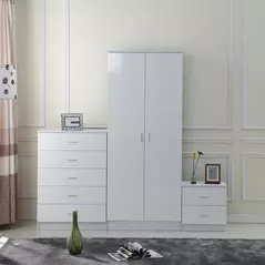 HOMCOM High Gloss 3 Piece Trio Bedroom Furniture Set Wardrobe + Chest Of Drawer + Bedside White - 2