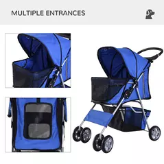 PawHut Pet Stroller for Small Miniature Dogs Cats Foldable Travel Carriage with Wheels Zipper Entry Cup Holder Storage Basket Blue - 7