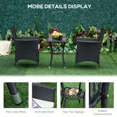 Outsunny 3 Pieces Rattan Bistro Set, Wicker Garden Furniture Set with 2-Tier Coffee Table and Chairs, Cushions, for Outdoor Patio Balcony, Black - 6