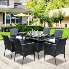 Outsunny 6 Seater Rattan Dining Set with Cushions, Rattan Garden Furniture Set with 6 Armchairs, Rectangular Glass Top Table, Outdoor Dining Table and Chairs, Black - 2